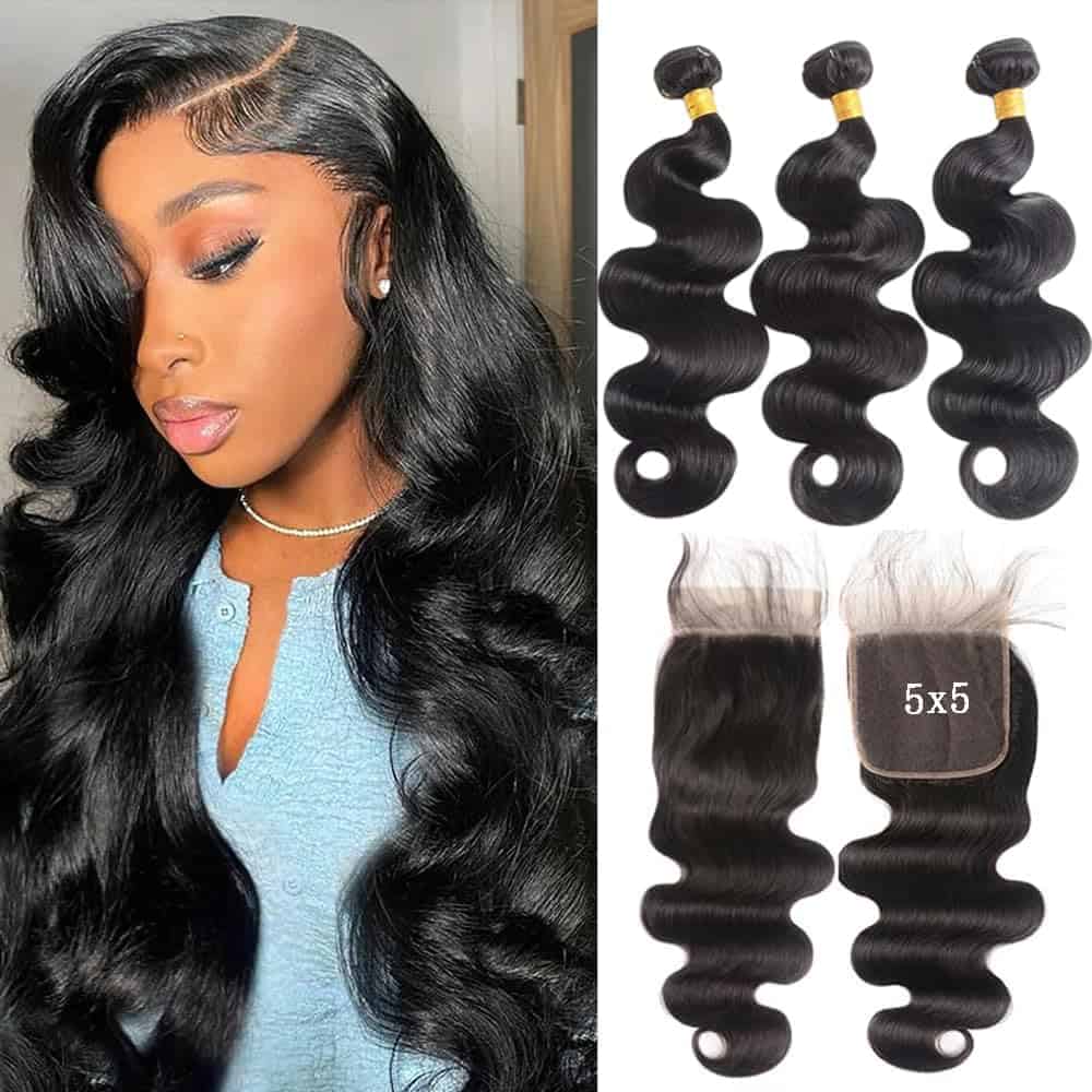 ZGWG Body Wave Bundles Cabello Humano con Cierre (20 22 24